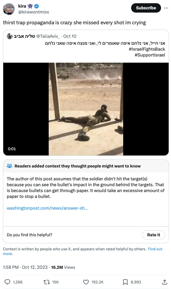 Military Thirst Traps Thirst Trap Propaganda — 2023 X post reacting to IDF soldier thirst trap with community note fact-checking poor marksmanship performance.