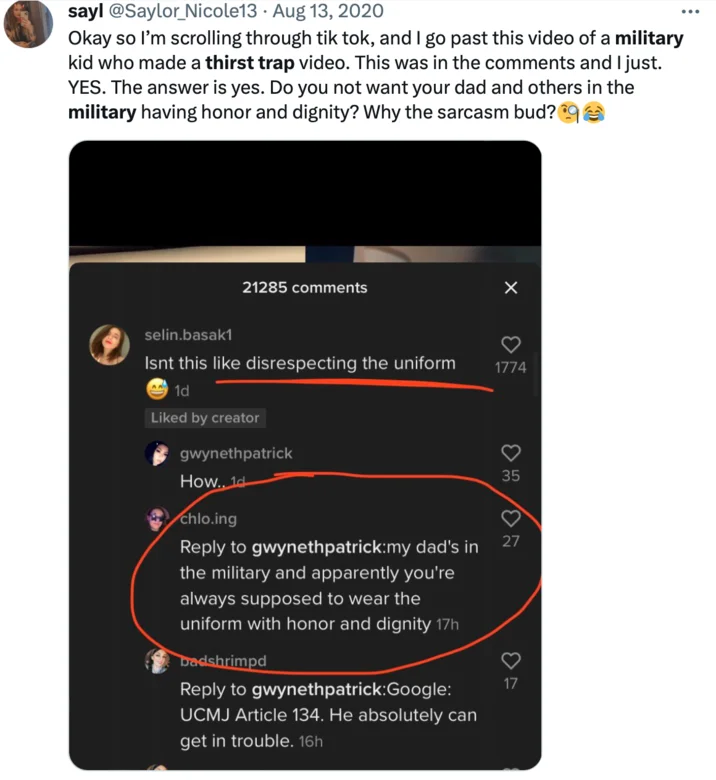 Military Thirst Traps Thirst Trap Propaganda — 2020 tweet quote-reacting to military thirst trap video with comment debate about uniform honor and UCMJ