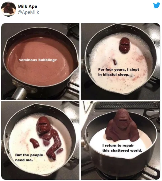 Milk Ape Chocolate Gorilla Melting — Tiny thumbnail of a Milk Ape Twitter post featuring the melting chocolate gorilla sequence.