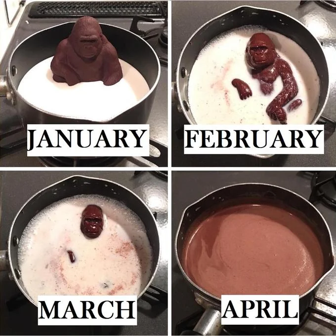 Milk Ape Chocolate Gorilla Melting — Chocolate gorilla melting in milk with panels labeled January, February, March, April.
