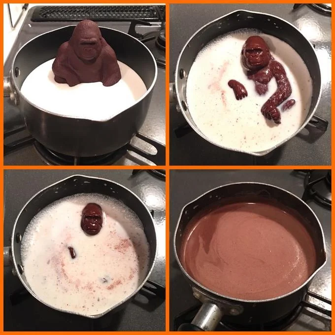 Milk Ape Chocolate Gorilla Melting — Four-panel collage of a chocolate gorilla melting in milk with an orange border.