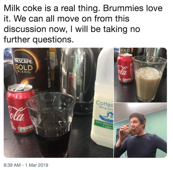 Milk Coke Debate — Tweet asking whether milk in Coca-Cola is a Brummie thing