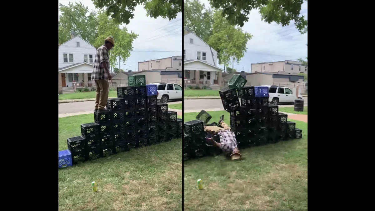 Before and after images of person attempting milk crate challenge and falling