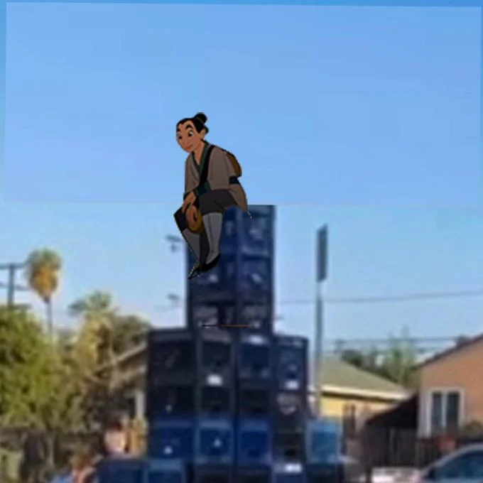 Milk Crate Challenge — Cartoon illustration of person on stacked blue and black milk crates