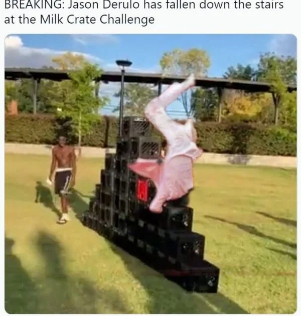 Milk Crate Challenge — Person falling upside down off stacked milk crates with text overlay about Jason Derulo
