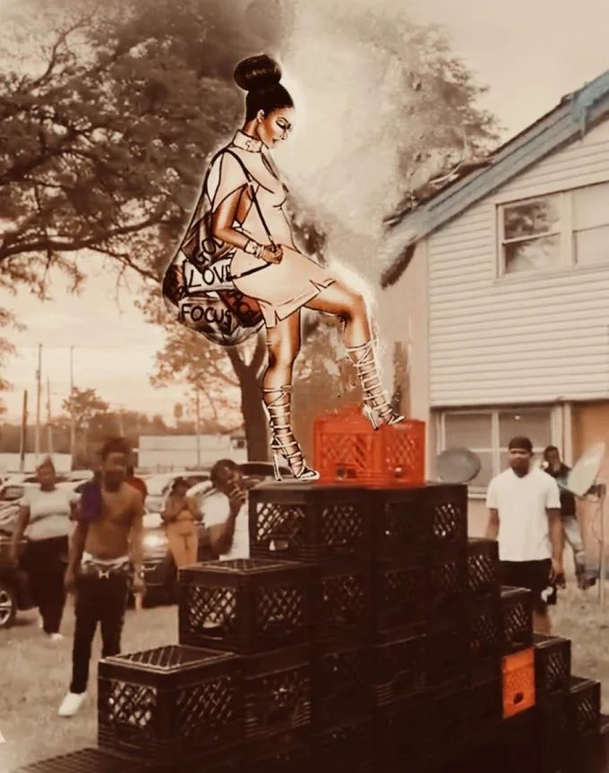 Milk Crate Challenge — Artistic image of person on stacked milk crates with spectators watching