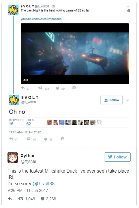 Twitter thread explicitly referencing Milkshake Duck during a video game controversy discussion.