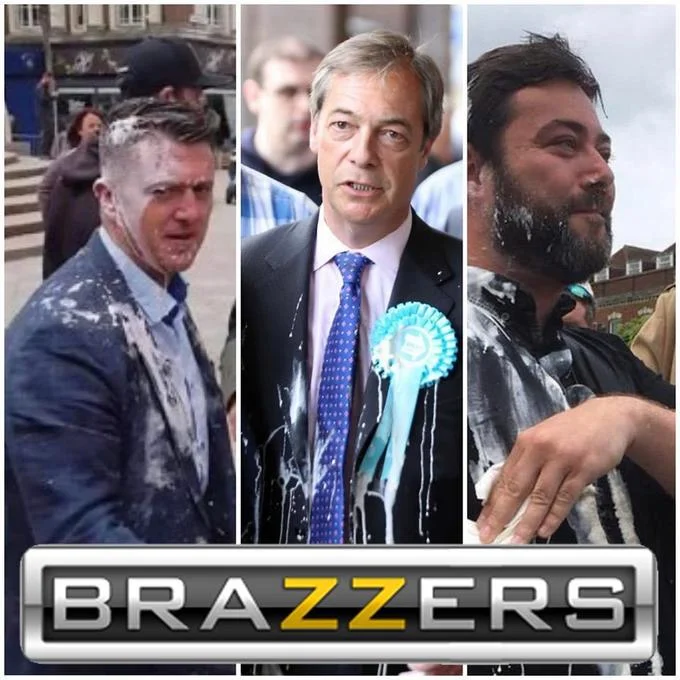 Milkshaking — Three-panel collage showing different political figures splashed with liquid edited with Brazzers parody branding.