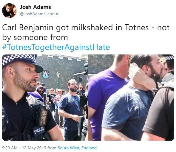 Milkshaking — Screenshot of viral Twitter post reporting Carl Benjamin being milkshaked in Totnes with embedded photos showing liquid splash.