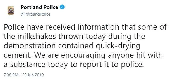 Milkshaking — Screenshot of Portland Police Department tweet warning about milkshakes allegedly containing quick-drying cement.