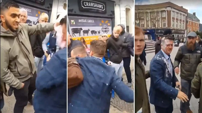 Milkshaking — Three-frame sequence capturing the moment of impact when a person is hit with a milkshake during street demonstration.
