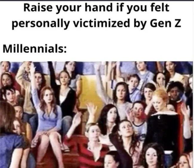 Millennial Pink Nostalgia — Crowd of people raising hands using pop culture reference about millennials and Gen Z criticism.