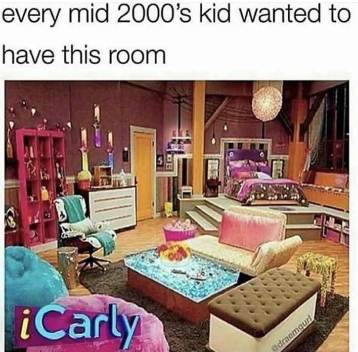 Millennial Pink Nostalgia — Elaborately decorated iCarly bedroom with millennial pink and turquoise palette, lava lamps, and early 2000s décor.