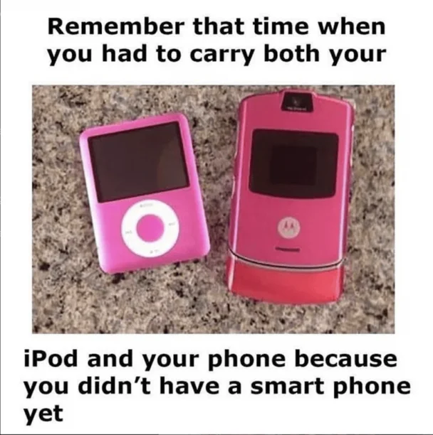 Millennial Pink Nostalgia — Bright pink iPod and hot pink Motorola Razr phone together on textured surface.