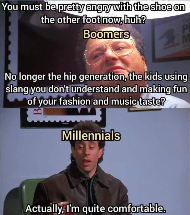 TV meme scene comparing Boomer complaints with Millennial apathy