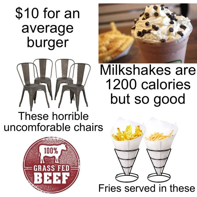 Expensive millennial burger restaurant starter pack meme collage