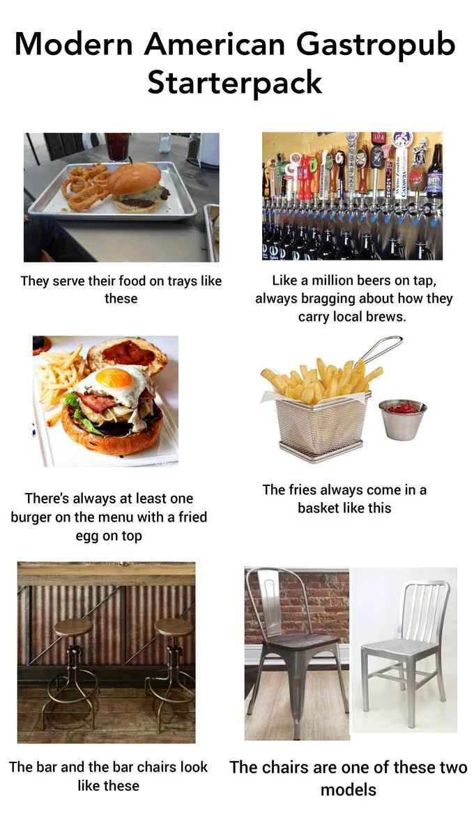 Modern gastropub starter pack meme featuring millennial dining trends