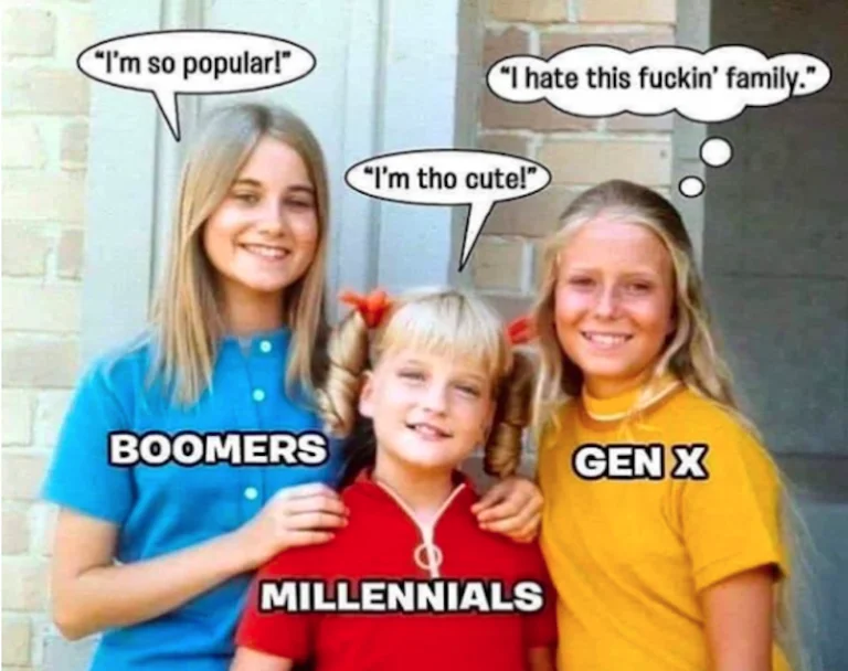 Three generations (Boomers, Millennials, Gen X) labeled comparison meme