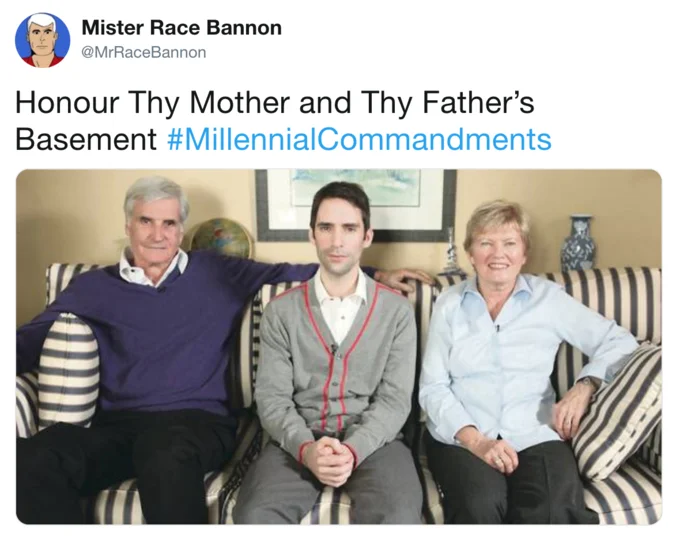 #MillennialCommandments — Tweet reading 'Honour Thy Mother and Thy Father's Basement' with photo of grown man between his parents