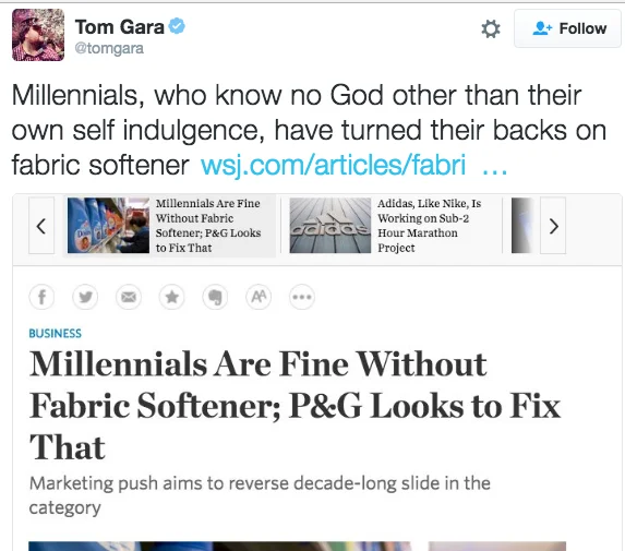 "Millennials Are Killing..." — Tweet mocking WSJ article about millennials abandoning fabric softener