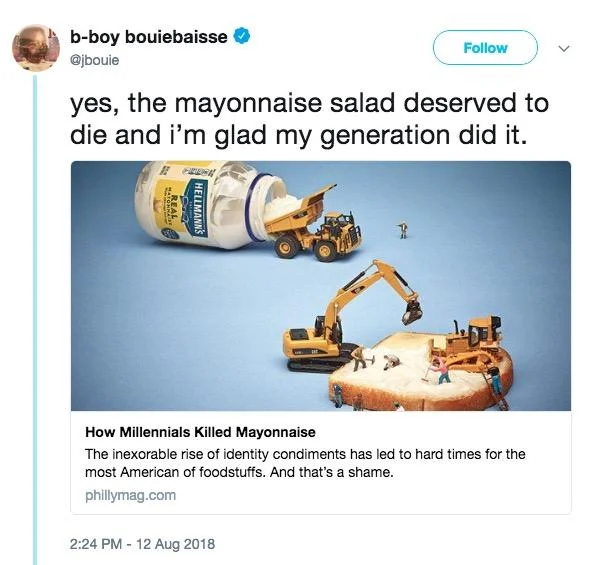 "Millennials Are Killing..." — Tweet celebrating millennials killing mayonnaise with Philadelphia Magazine article preview