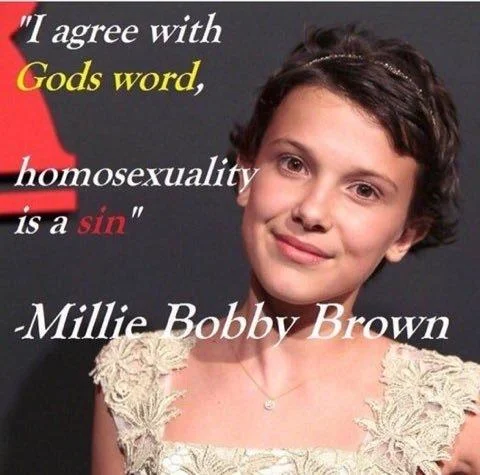 Millie Bobby Brown Is Homophobic — Millie Bobby Brown with fake Bring me the bible quote on pink background