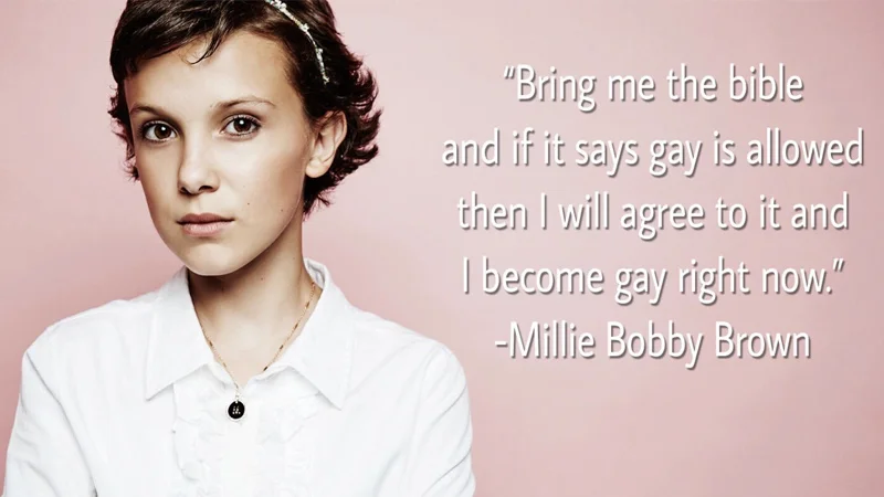 Millie Bobby Brown Is Homophobic — Millie Bobby Brown portrait on pink background with fake quote about the bible and being gay