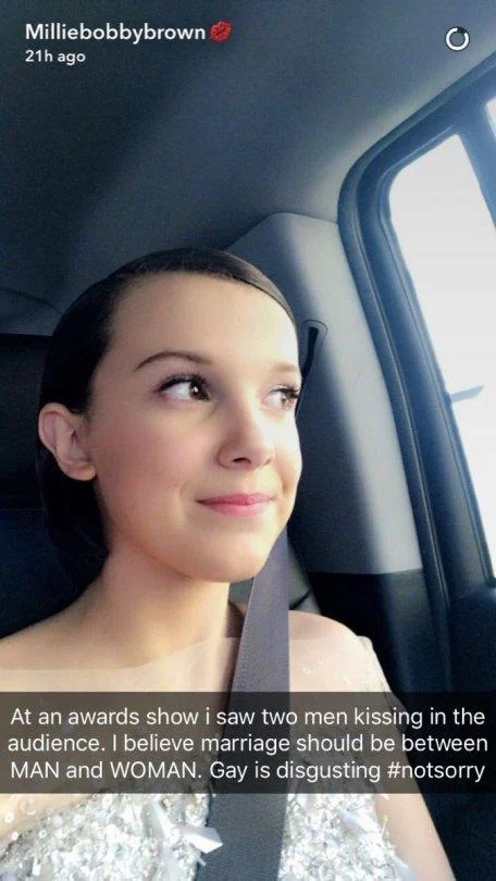 Millie Bobby Brown Is Homophobic — Fake Snapchat from Millie Bobby Brown in a car with homophobic caption