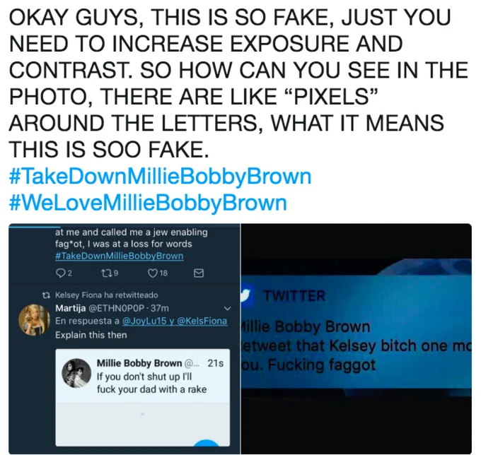 Millie Bobby Brown Is Homophobic — Screenshot calling out fake Millie Bobby Brown tweets with hashtags and example edits