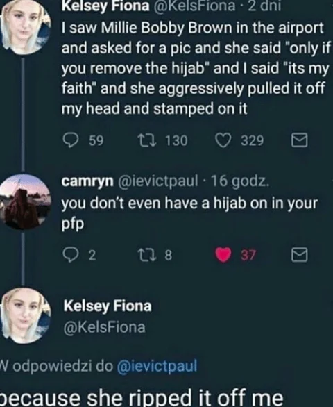 Millie Bobby Brown Is Homophobic — Twitter screenshot of fake Kelsey Fiona story about Millie Bobby Brown and a hijab incident