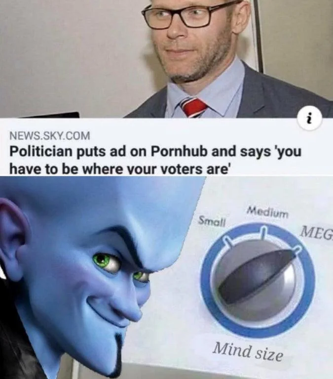 Mind Size Brain Size — Sky News headline about a politician advertising on Pornhub paired with the Megamind Mind Size template