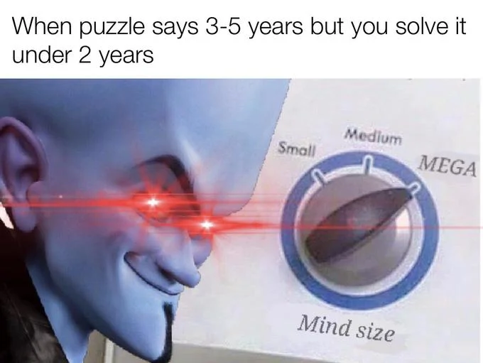 Mind Size Brain Size — Megamind with red laser eyes on the Mind Size template with a joke about solving puzzles ahead of the age range