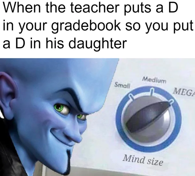 Mind Size Brain Size — Megamind Mind Size meme with a joke about revenge on a teacher who gave a D grade