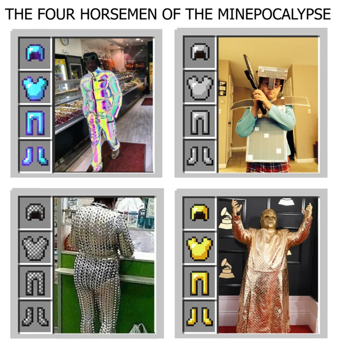 Minecraft Armor Parodies — Man in a solid gold shirt beside a Minecraft gold chestplate armor slot