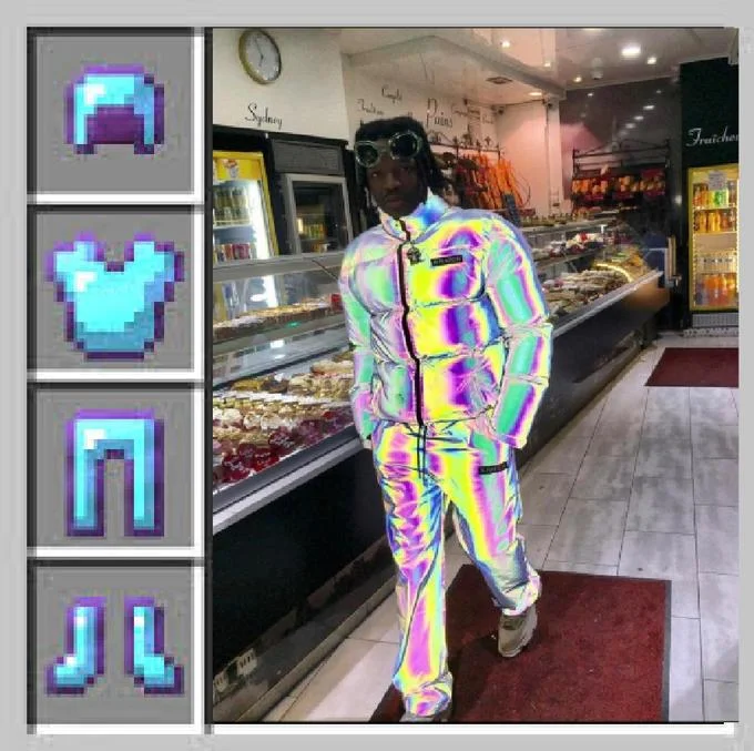 Minecraft Armor Parodies — Iridescent tracksuit man beside Minecraft armor slots recolored to match his holographic outfit