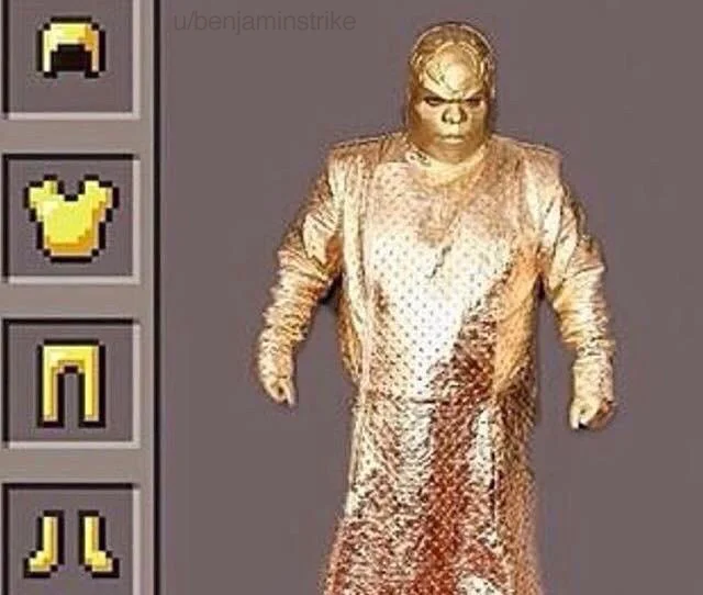 Minecraft Armor Parodies — Man revealing a canister-lined vest next to Minecraft TNT and stone armor icons