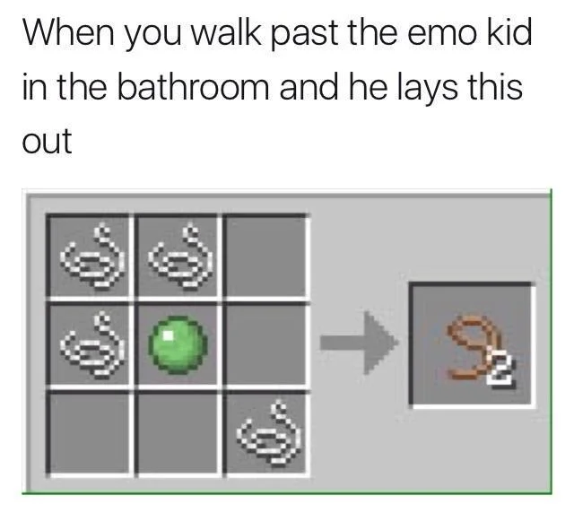 Minecraft Crafting Recipes — Minecraft crafting recipe of string and slimeball producing a noose, with emo kid caption