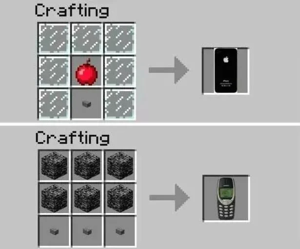 Two Minecraft crafting recipes making an iPhone and a Nokia 3310