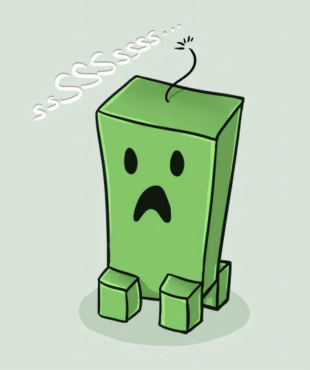 Minecraft Creeper — Cartoon drawing of a sad green Creeper with a lit fuse and hissing 'sssss' sound