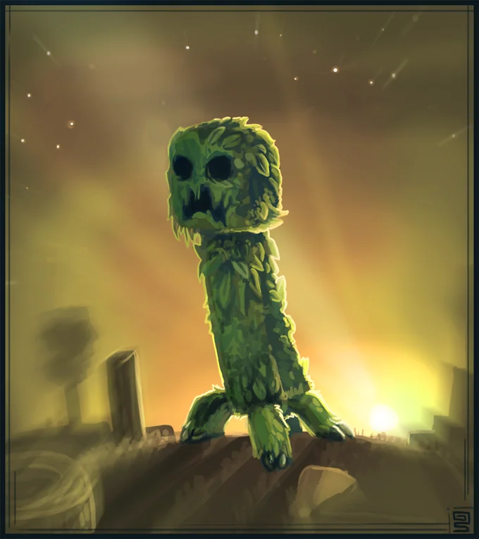 Minecraft Creeper — Painterly digital art of a moss-covered realistic Creeper at sunset