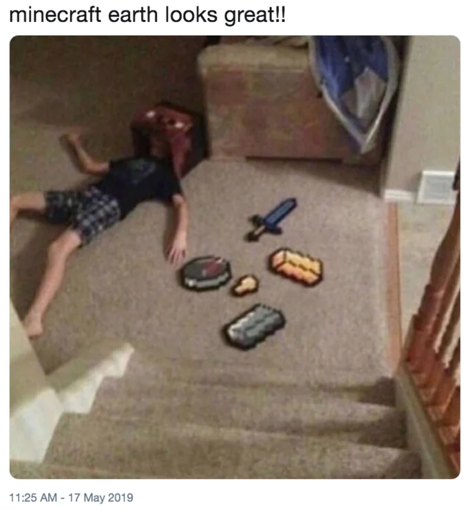 Tweet showing a kid slumped on the floor with paper Minecraft items joking about Minecraft Earth graphics