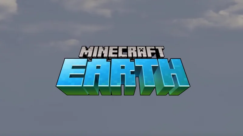 Minecraft Earth game logo with pixelated text against a cloudy sky