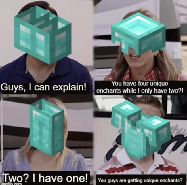 Minecraft Memes — A four-panel meme with people's heads replaced by Minecraft diamond blocks discussing enchantment disparities.