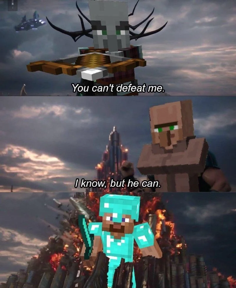 Minecraft Memes — A three-panel meme showing the Ender Dragon claiming invincibility before Steve defeats it with Villager support.