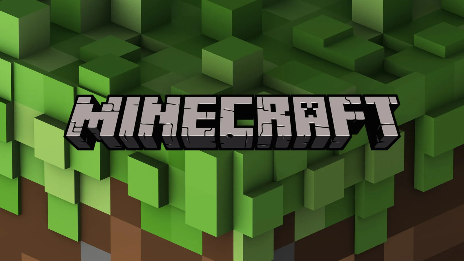 Minecraft Memes — Minecraft's iconic pixelated logo displayed over blocky grass and dirt terrain in distinctive green and brown colors.
