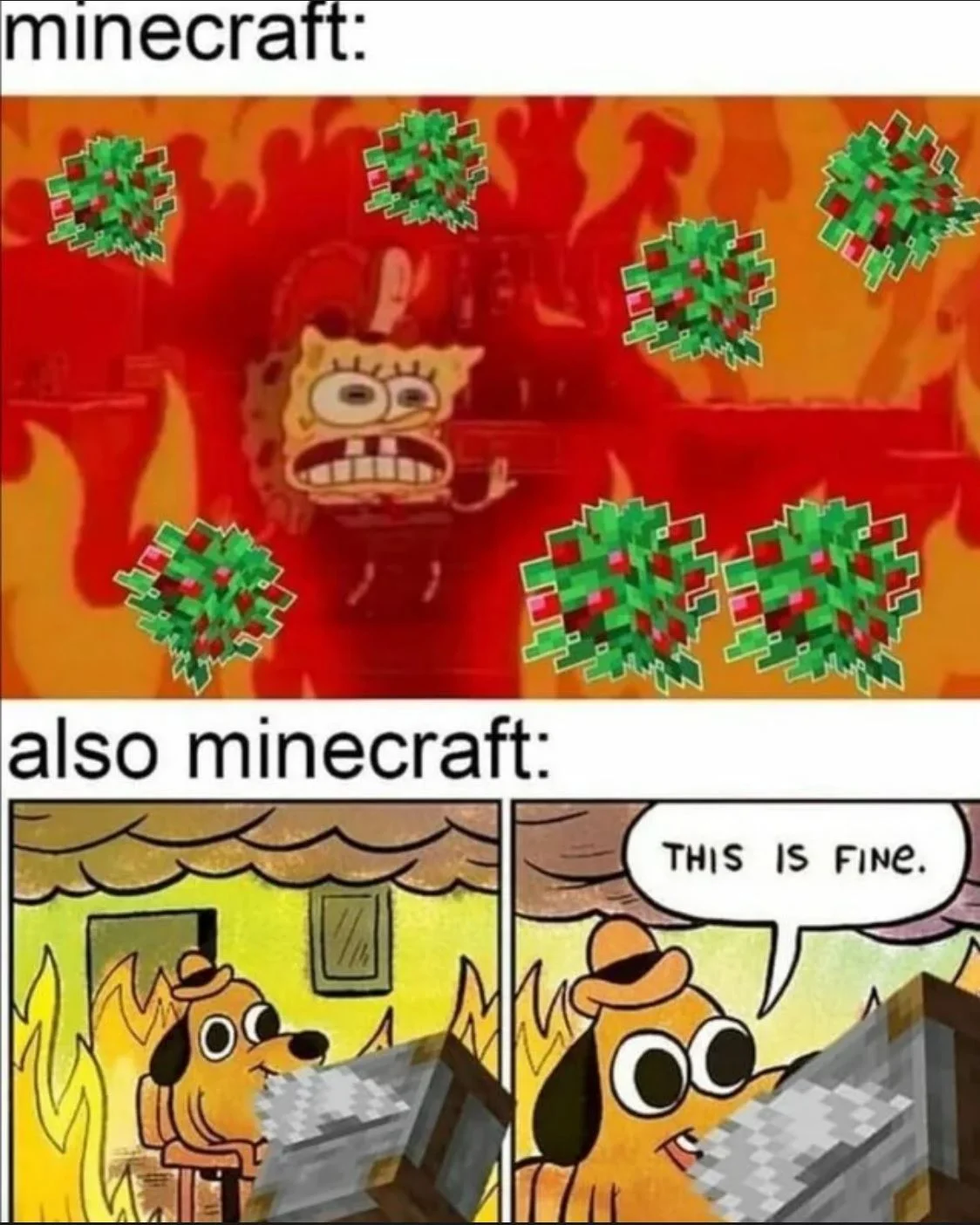 Minecraft Memes — A two-part meme contrasting organized Minecraft gameplay with actual chaotic scenarios, integrating the 'This is fine' dog meme.