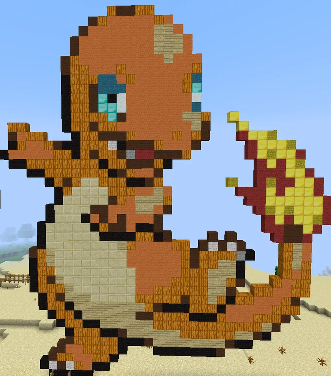 Minecraft pixel art of Nyan Cat with rainbow trail on a beach
