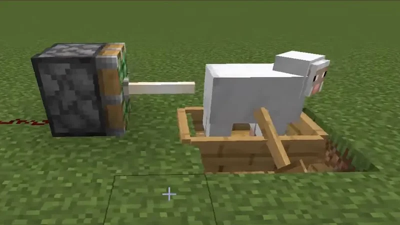 Minecraft Sheep Fricker Machine — Clean Minecraft screenshot of Sheep Fricker Machine showing sheep in boat on wooden platform with piston mechanism.