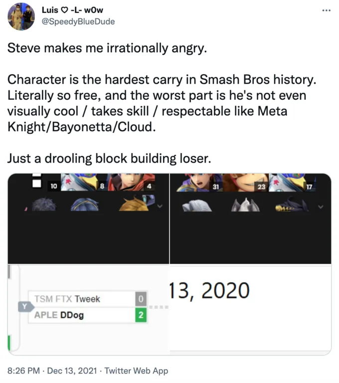 Minecraft Steve in Smash — Twitter complaint about Steve being overpowered in Smash Bros