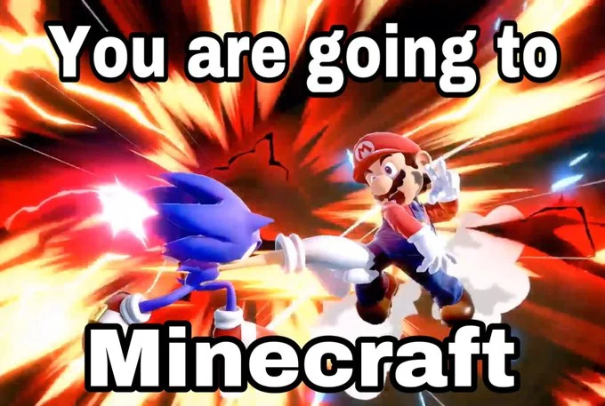 Minecraft Steve in Smash — Impact font meme 'You are going to Minecraft' with Mario in explosion